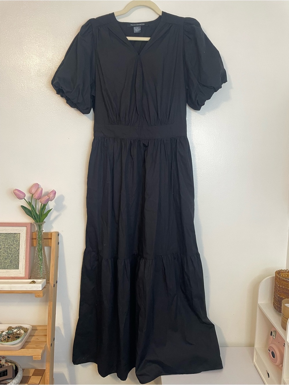Flowy black maxi dress with v neckline and puff sleeves French Connection size m